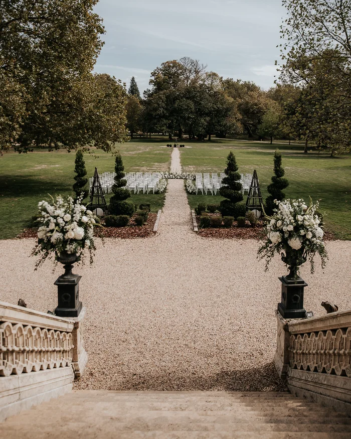 The ceremony set out in the park, seen from the front steps
