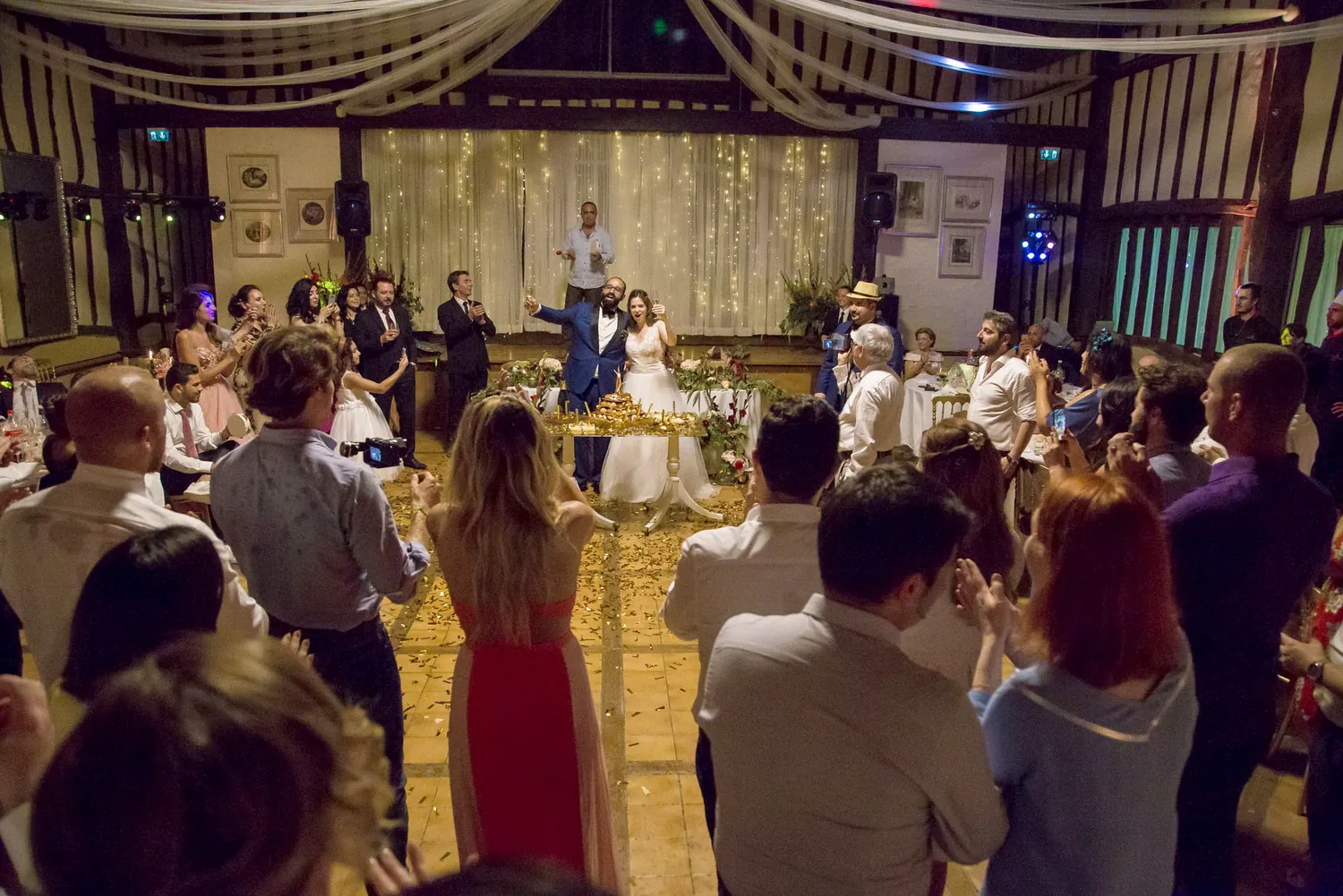The dance floor under festoon lights