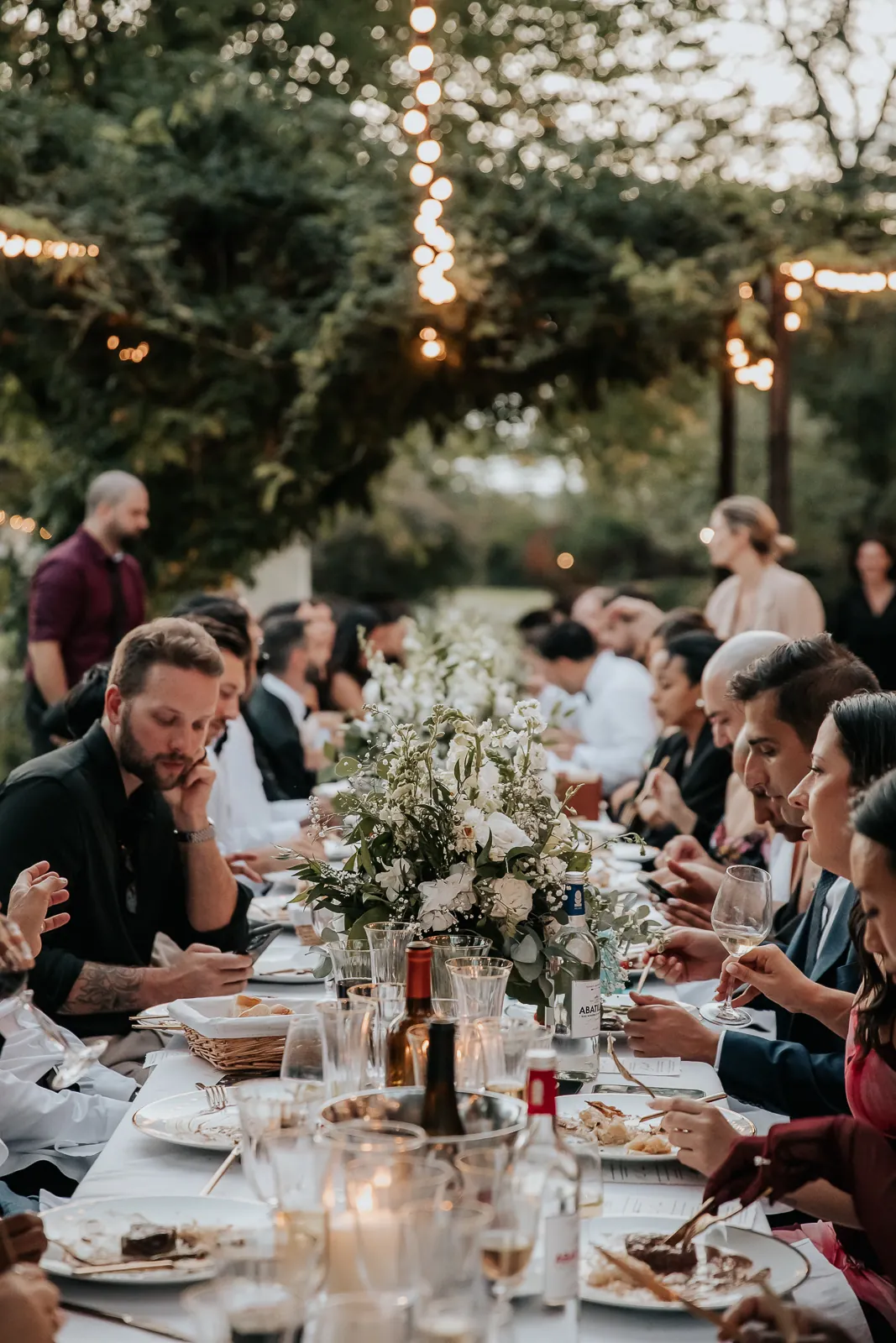 Dinner under festoon lights at one long table