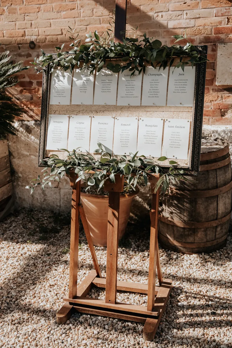 The table plan on its easel with a garland